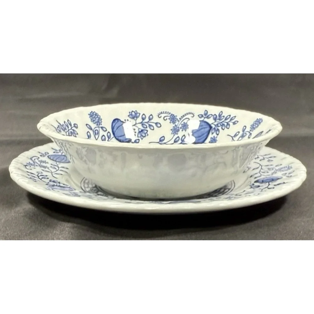 Blue Heritage Blue Onion Saucer & Bowl Set England Blue White Vintage Ironstone